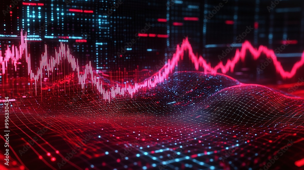 Poster abstract digital data visualization with glowing graphics and fluctuating lines in red and blue tone