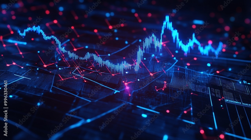 Poster abstract digital data visualization with glowing graphs and charts, representing modern technology a