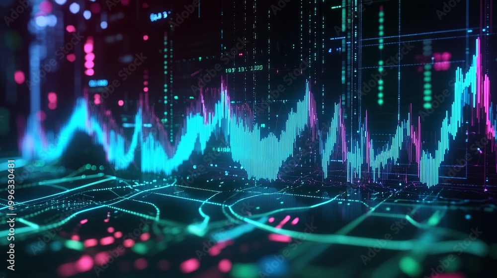 Poster abstract digital data visualization with glowing graphs and charts in vibrant colors.