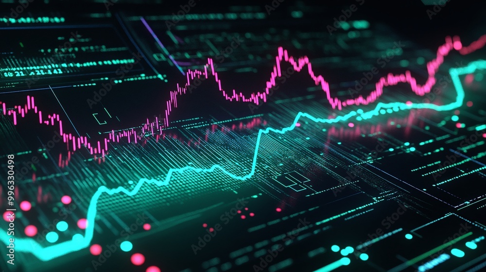 Poster abstract digital data visualization with glowing graphs and charts representing market trends.