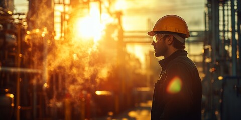 Maintenance technician inspecting equipment, soft machinery blur in bright sunlight, focused on routine checks and safety measures