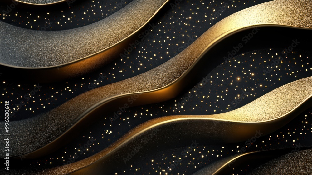 Poster an abstract background of shimmering gold waves with a sparkling effect, ideal for elegant and opule