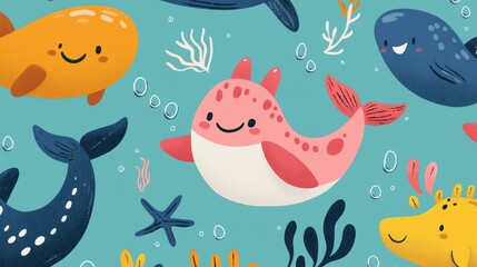 Obraz premium Happy sea creatures, undersea theme, flat design illustration