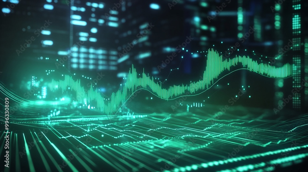 Poster abstract digital data visualization with glowing graphs and metrics against a modern cityscape backg