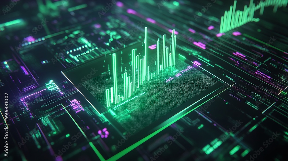 Aufkleber abstract digital data visualization with glowing green and purple elements on a circuit board.