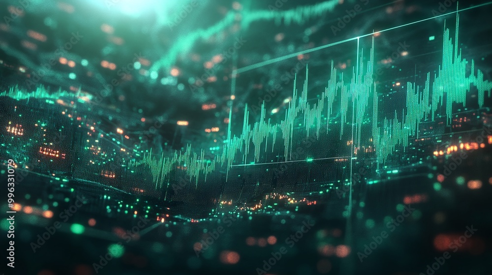 Poster abstract digital data visualization with glowing green graphs on a dark background.