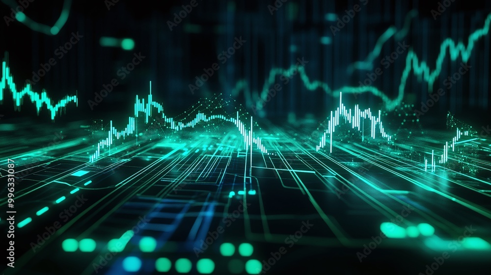 Poster abstract digital data visualization with glowing green lines against a dark background.