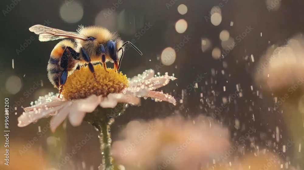 Poster a dynamic shot of a bee landing on a flower covered in dew, showcasing the interaction between wildl