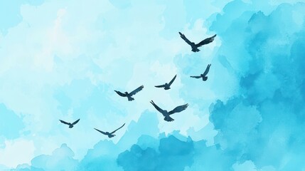 Obraz premium Gentle watercolor birds and sky, pastel blue tones, flat design illustration