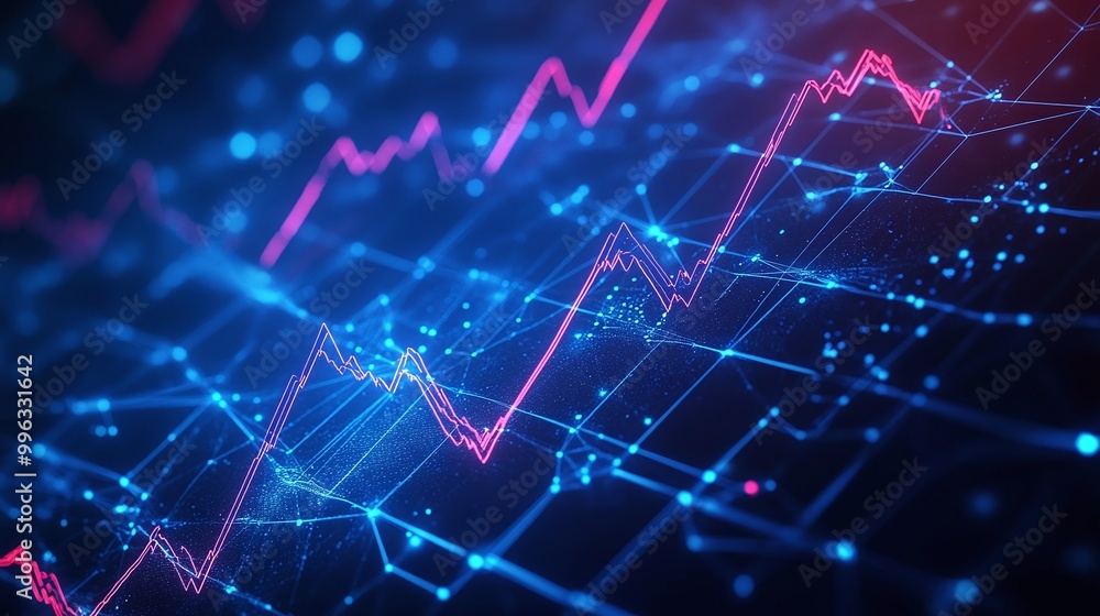 Poster abstract digital data visualization with glowing lines and dots, representing growth and analytics o