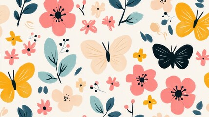 Childlike drawings of flowers and butterflies, crayon colors, flat design illustration