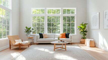 Fototapeta premium Bright and airy living room featuring large windows, cozy sofa, and stylish decor. space is enhanced by greenery and natural light, creating welcoming atmosphere