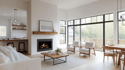 A modern living room featuring cozy fireplace, large windows, and stylish furniture. open space is bright and inviting, perfect for relaxation and gatherings