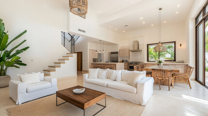 A spacious and modern living room featuring white sofa, wooden dining table, and elegant decor. bright space is enhanced by natural light and greenery, creating welcoming atmosphere