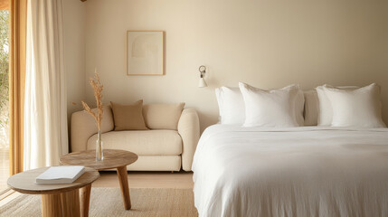 Fototapeta premium A serene bedroom featuring cozy bed with white linens, soft sofa, and minimalist decor. natural light enhances calming atmosphere, perfect for relaxation