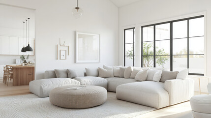 A modern living room featuring spacious white sectional sofa, round ottoman, and large windows allowing natural light. minimalist design creates serene atmosphere