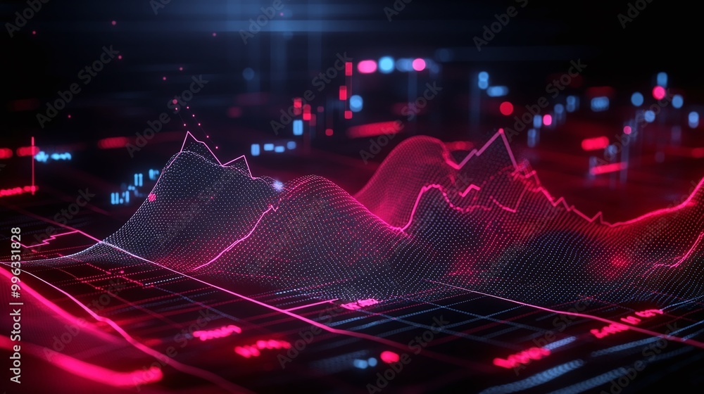 Poster abstract digital data visualization with glowing lines and graphs on a dark background, representing