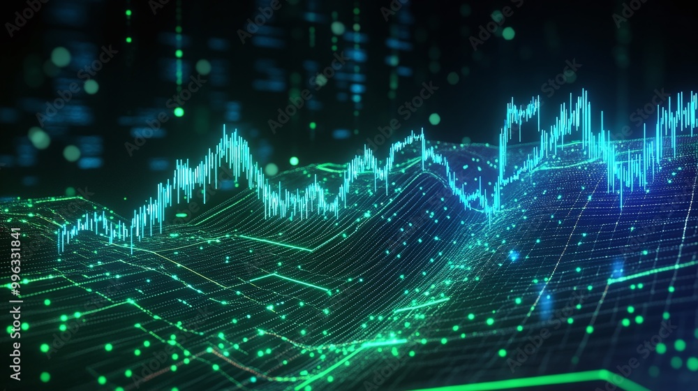 Poster abstract digital data visualization with glowing lines and graphs on a dark background, conveying gr