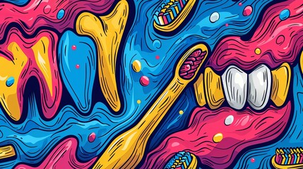 Obraz premium Happy cartoon tooth holding a toothbrush with a big smile, surrounded by fun and cute symbols like hearts, representing dental care and health in a playful, friendly illustration