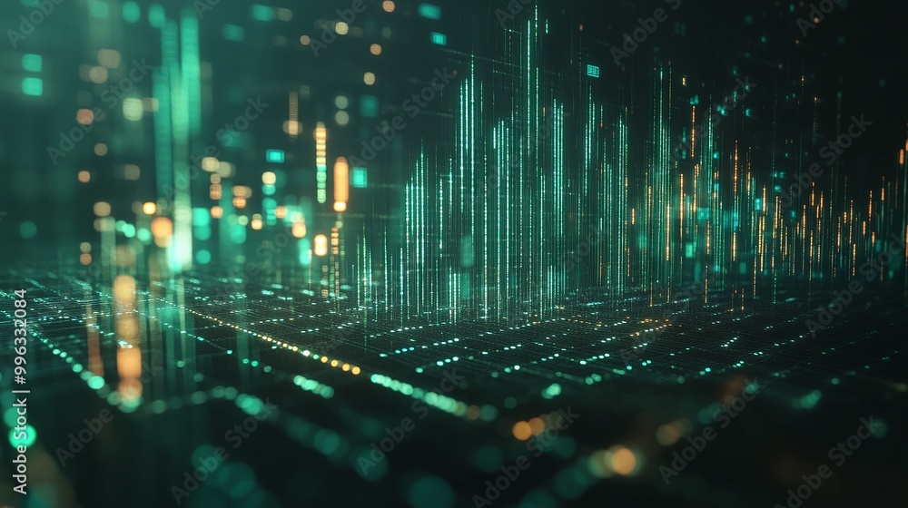 Poster abstract digital data visualization with glowing lines and particles in green tones.