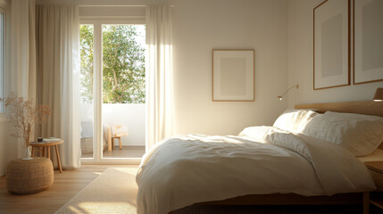 Fototapeta premium A serene bedroom featuring cozy bed with white linens, soft natural light streaming through large windows, and touch of greenery visible outside. space exudes tranquility and comfort
