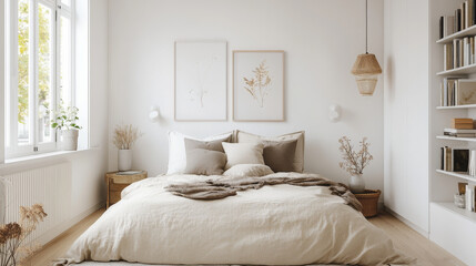 A cozy and serene bedroom featuring large bed adorned with neutral toned pillows and soft blanket. minimalist decor includes framed botanical art, natural light streaming in, and stylish shelving