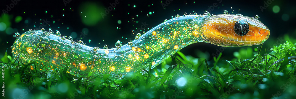 Poster a translucent snake slithering through grass,