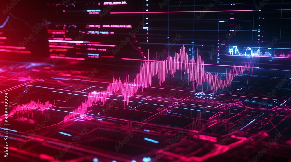 Poster abstract digital data visualization with glowing pink and blue lines depicting analytics and trends 