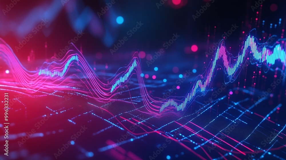 Poster abstract digital data visualization with glowing lines, showcasing trends and fluctuations in a vibr