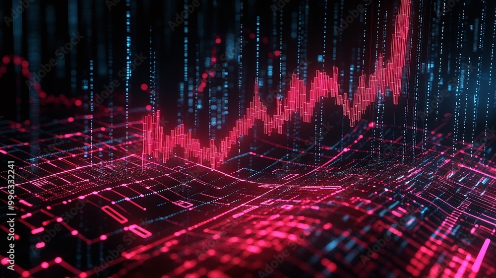 Poster abstract digital data visualization with glowing red and blue graphs representing growth and statist