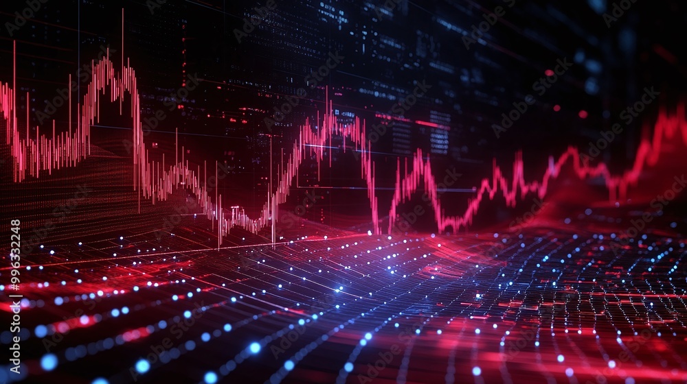 Poster abstract digital data visualization with glowing red and blue lines over a dark background, symboliz