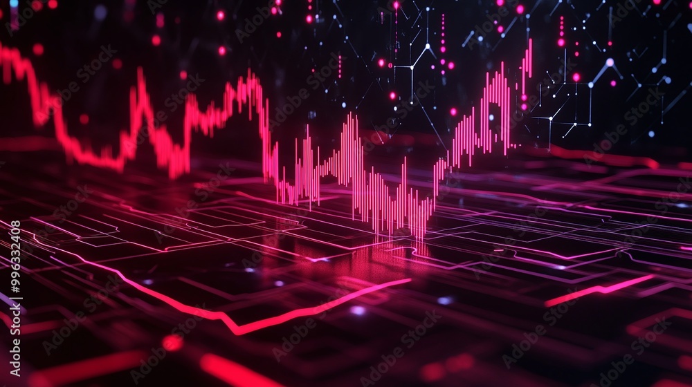 Poster abstract digital data visualization with glowing red lines over a dark background, representing mark