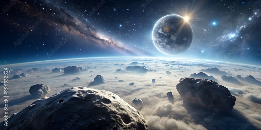 Fototapete asteroid field in front of mega asteroid hidden by the fog in deep space panoramic generative ai