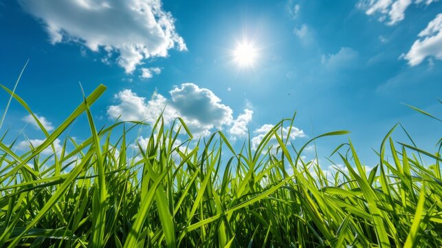 A serene, sunny day scene with lush green grass under a bright blue sky. The sun shines, creating a fresh and renewing atmosphere.