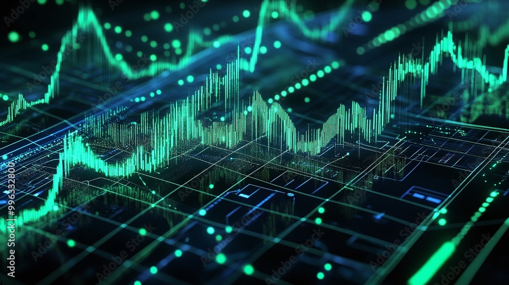 Poster abstract digital data visualization with green and blue lines depicting statistical trends and infor