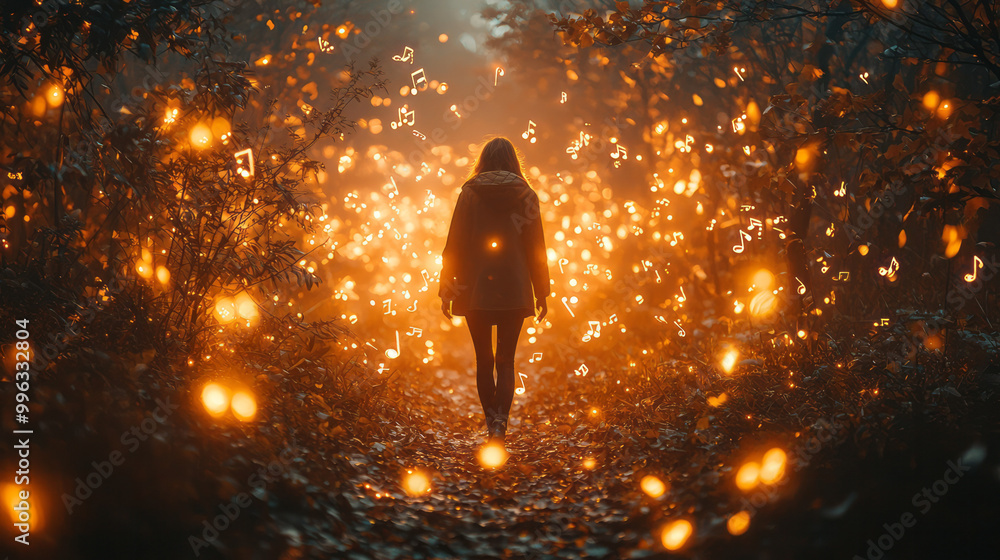 Poster a person walking through a forest where music notes float in the air like leaves,