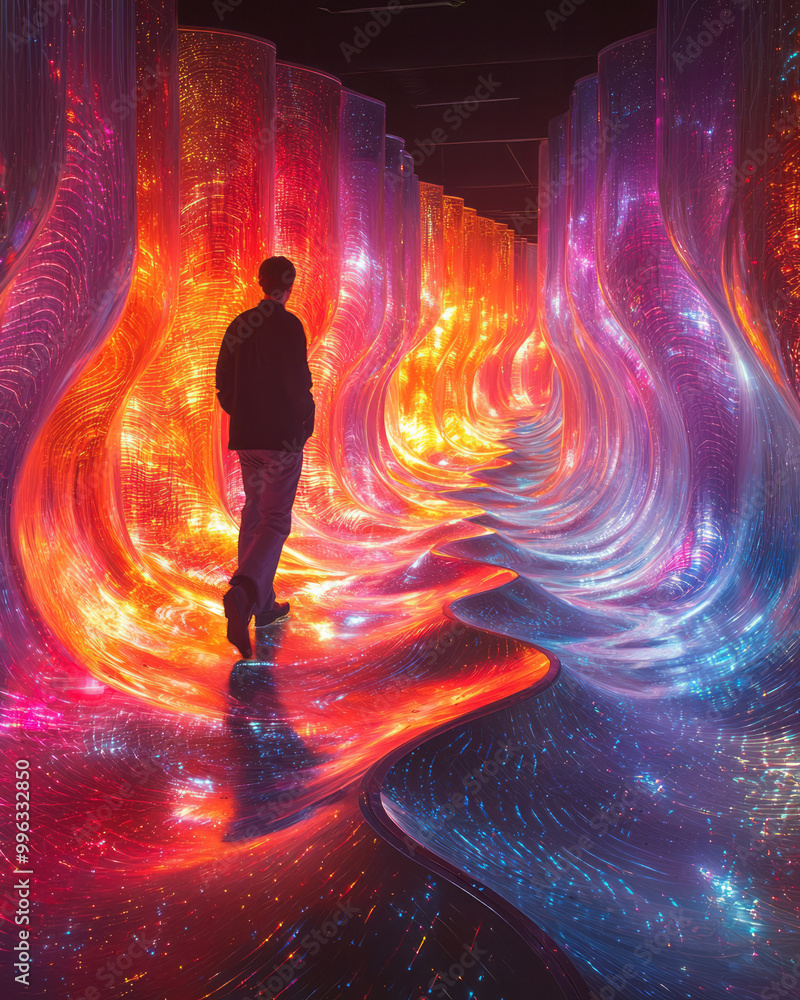 Poster a man walking through a room filled with swirling sound waves,
