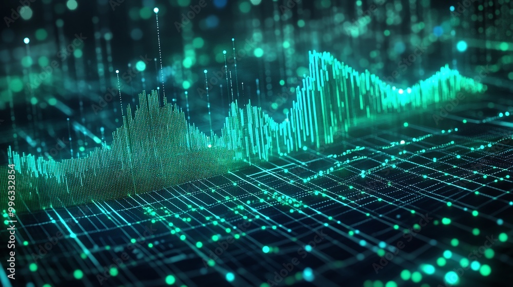 Poster abstract digital data visualization with green and blue wave patterns on a grid background.