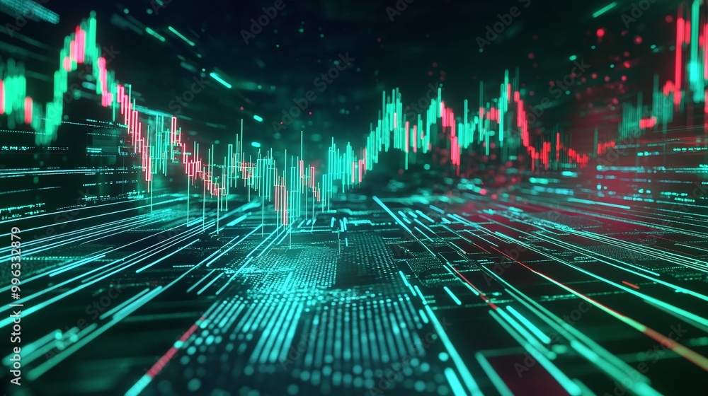 Aufkleber abstract digital data visualization with green and red lines representing market trends and fluctuat