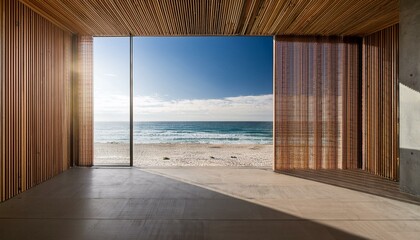 Balcony room with sea and beach view from the window. Modern interior with wooden slat wall panels and concrete tiles. Terrace mockup with sunlight. empty room with a window
