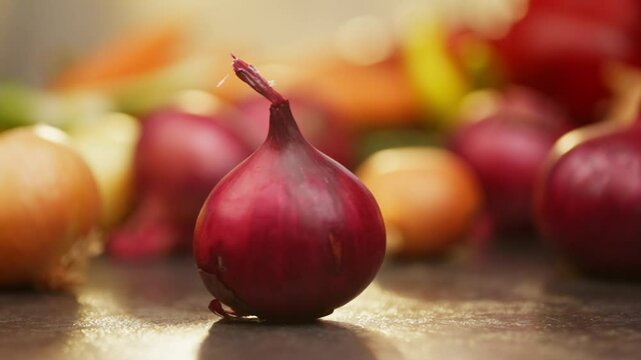 In the warm rays of light, the purple onion rotates around itself. High quality FullHD footage