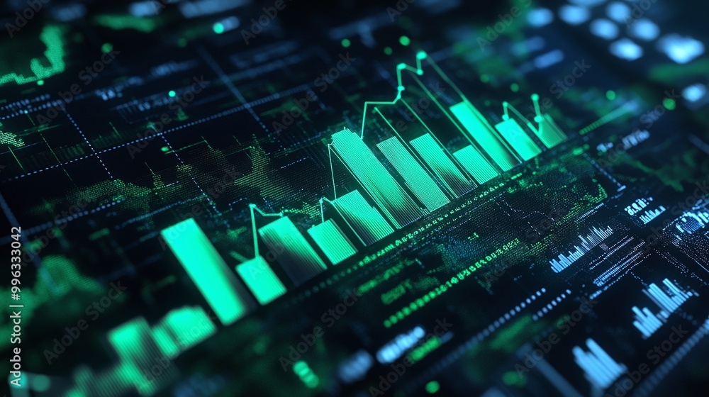 Poster abstract digital data visualization with green bar charts and graphs on a dark background, represent