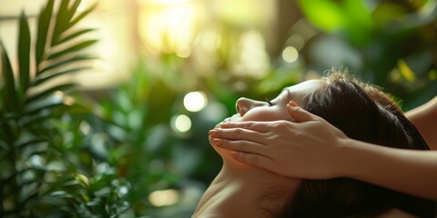 Massage therapy session, skilled hands easing tension in a client's neck, surrounded by tranquil greenery, soft light creating a serene atmosphere