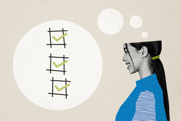 Composite photo collage of happy girl look checkmark approval vacancy success election decision...