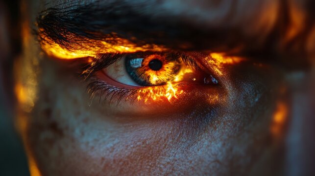 close up of eyes with mad and vengeful look, burning feelings, facial expression