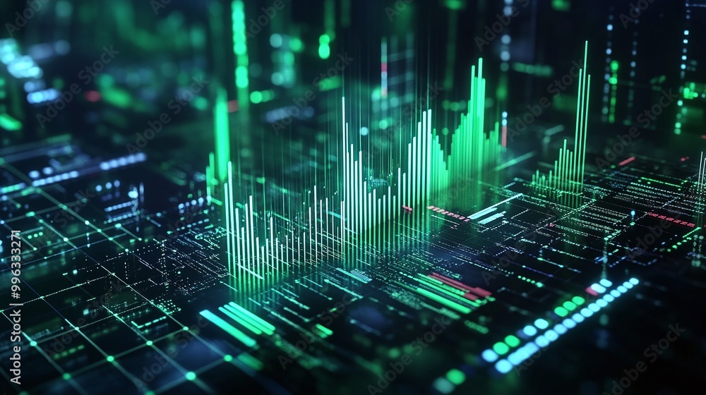 Poster abstract digital data visualization with green glowing graphs and charts on a dark background, repre