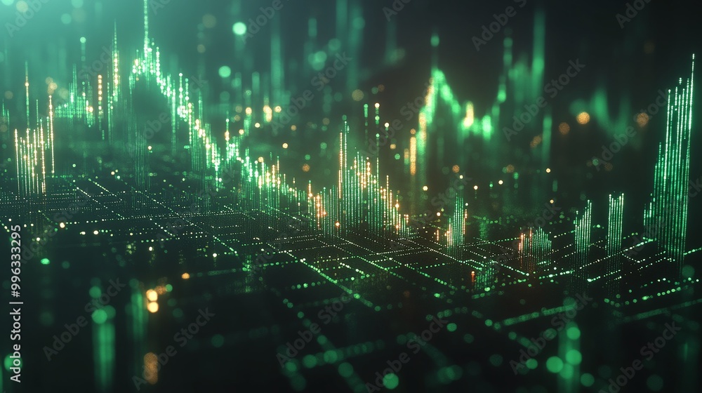 Poster abstract digital data visualization with green glowing lines and light effects on a dark background.