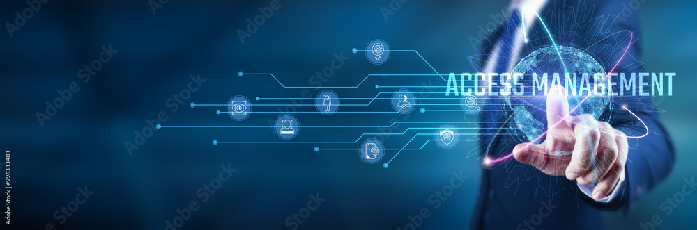 Aufkleber access management. businessman touches access management structure, global network infrastructure, e