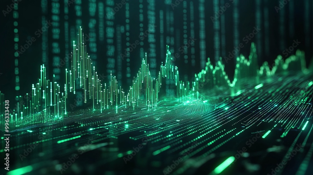 Poster abstract digital data visualization with green lights representing analytics and trends in a modern 