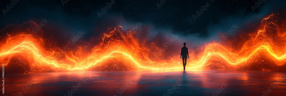 Poster a person walking through a path made of sound waves,